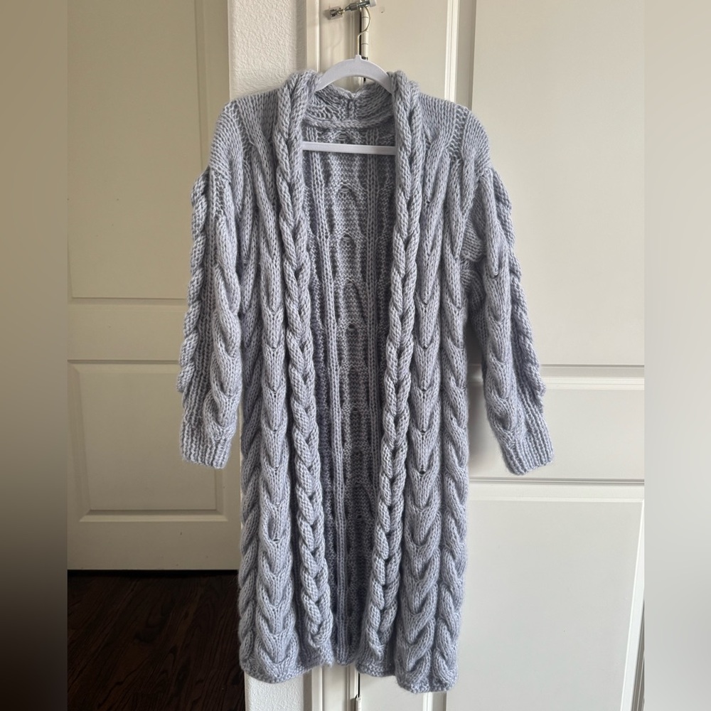 Merino Wool Handmade Gray Cable Knit Cardigan XS